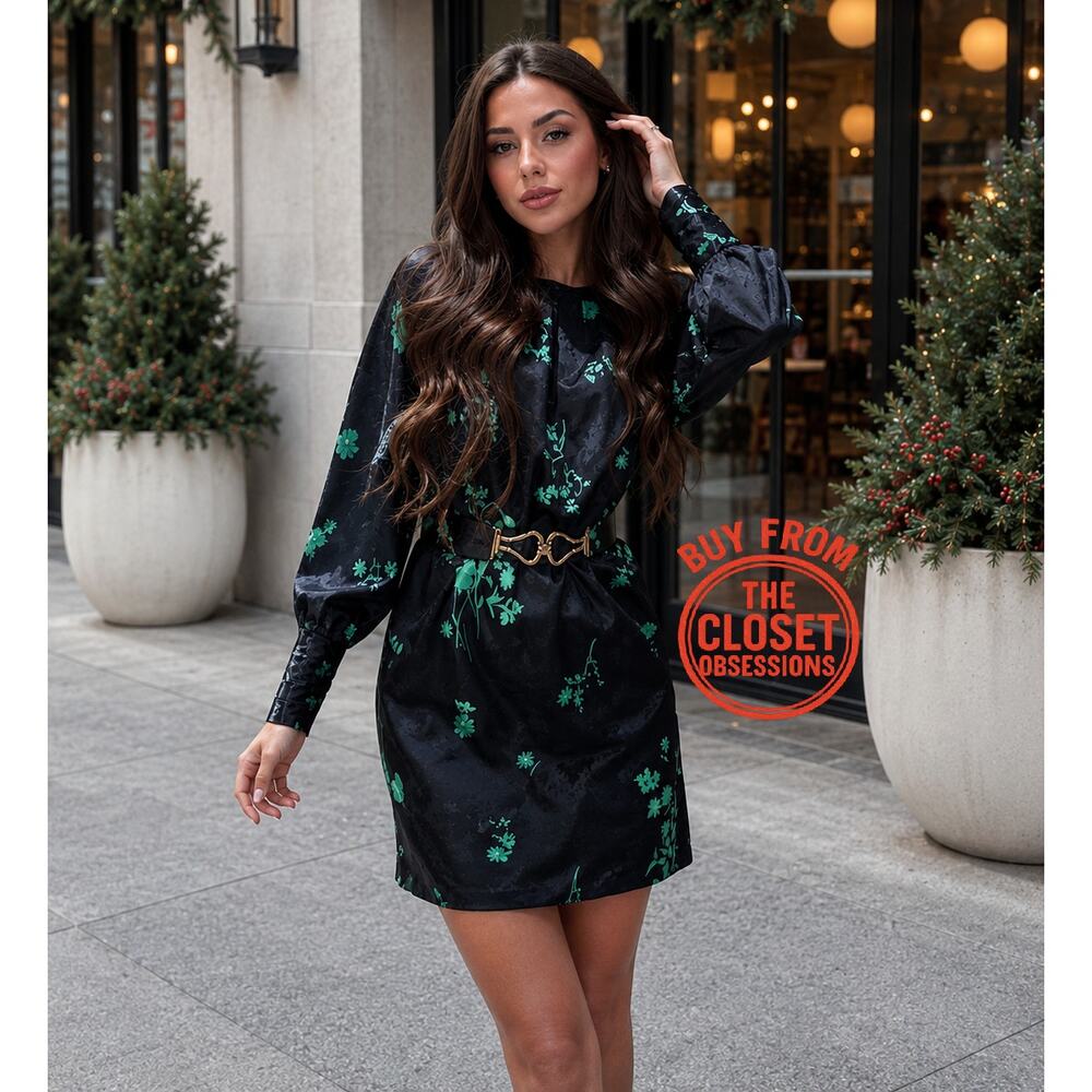 Zara Green Floral Long Sleeve Mini Dress Belted NWT - Picture 7 of 16